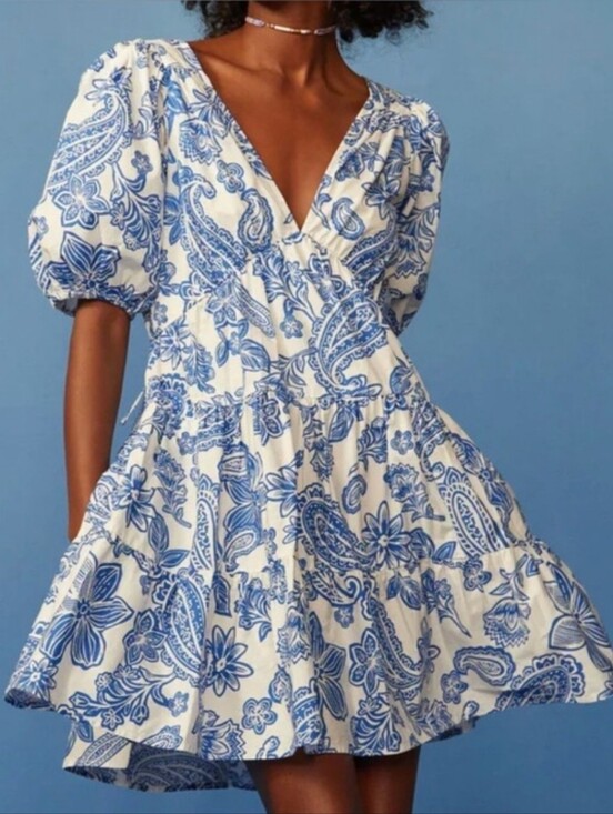 MELLODAY Dresses & Skirts - Melloday Paisley Floral Puff Sleeve Minidress santorini greek pockets sz XL